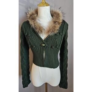 Green Cable Knit Cropped Cardigan Sweater with Real Raccoon Fur Collar Medium